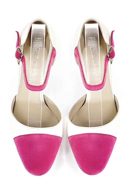 Fuschia pink and off white women's open side shoes, with an instep strap. Round toe. Very high slim heel. Top view - Florence KOOIJMAN
